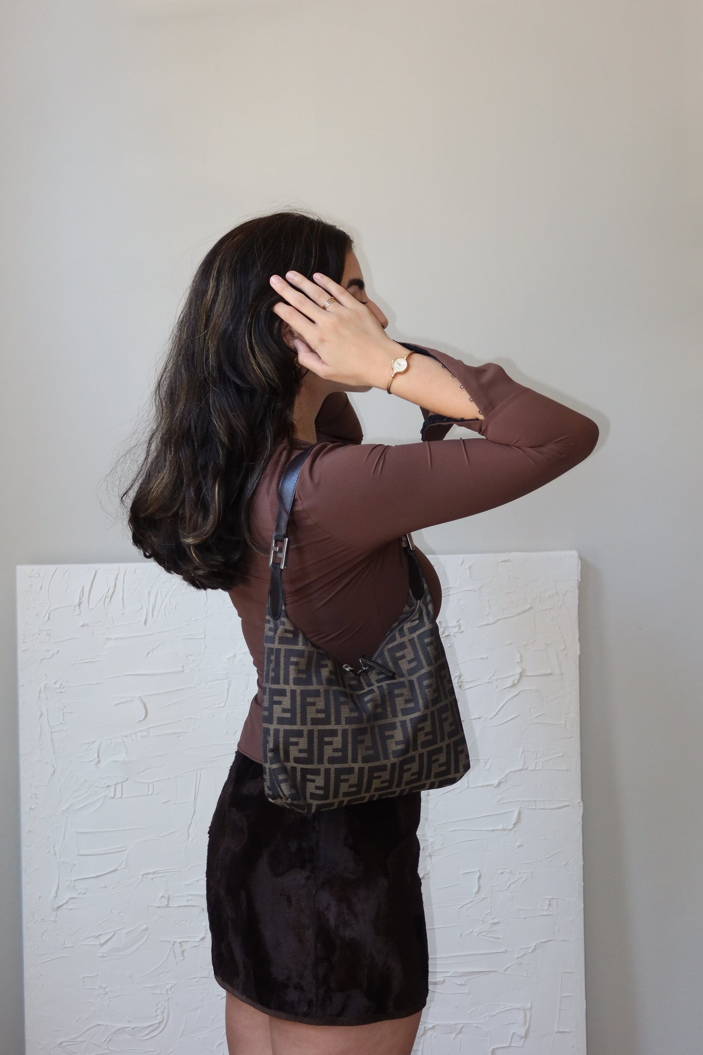 Fendi Zucca Double Zip Shoulder Bag