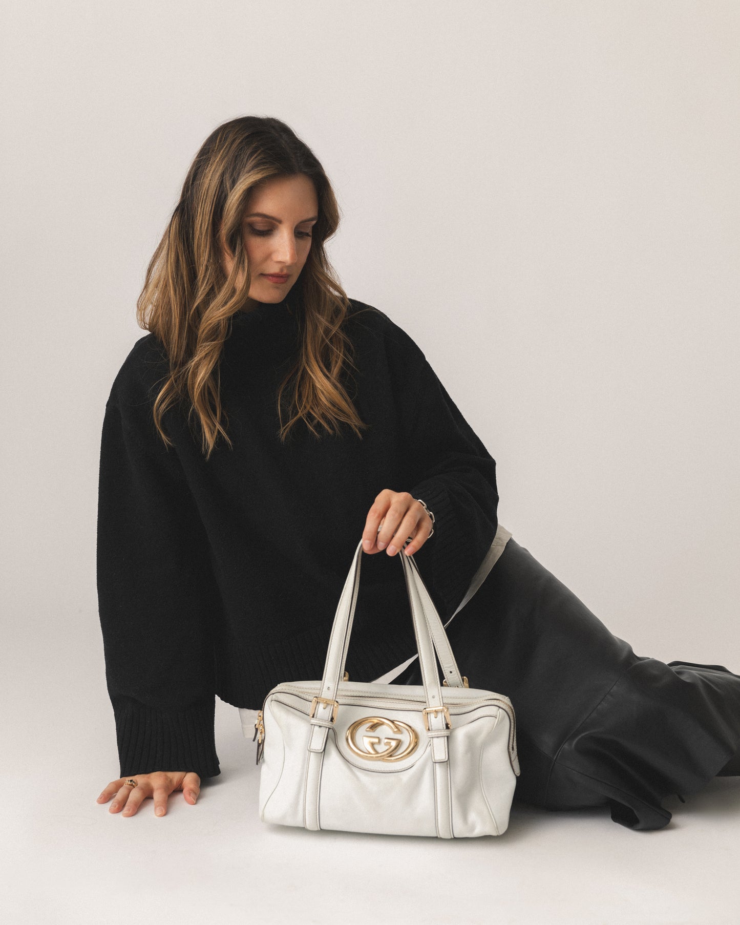 Gucci White Leather Bowler Bag