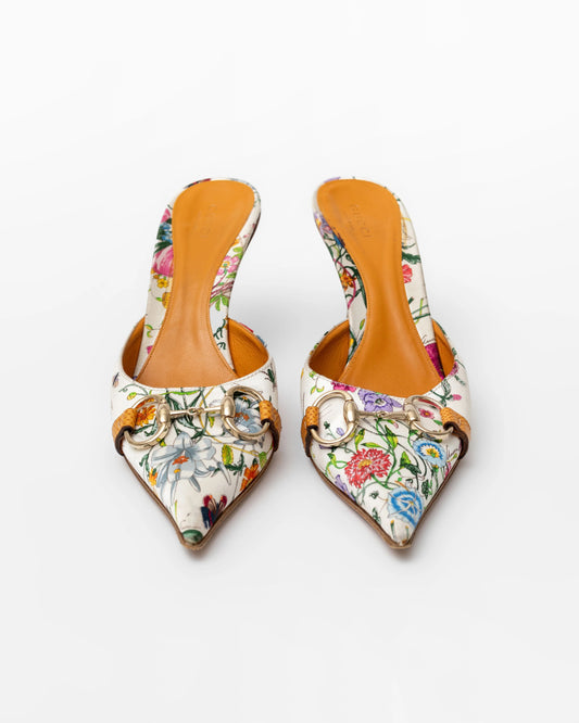 Gucci Floral Satin Horsebit Mules (8.5)