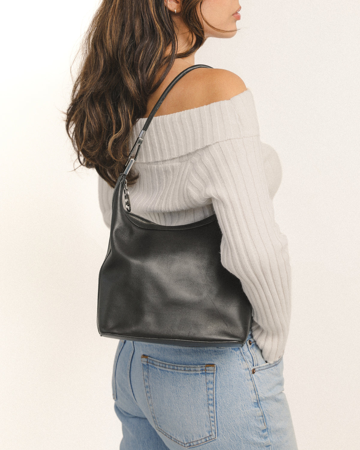 Gucci Black Leather GG Zip Hook Bag