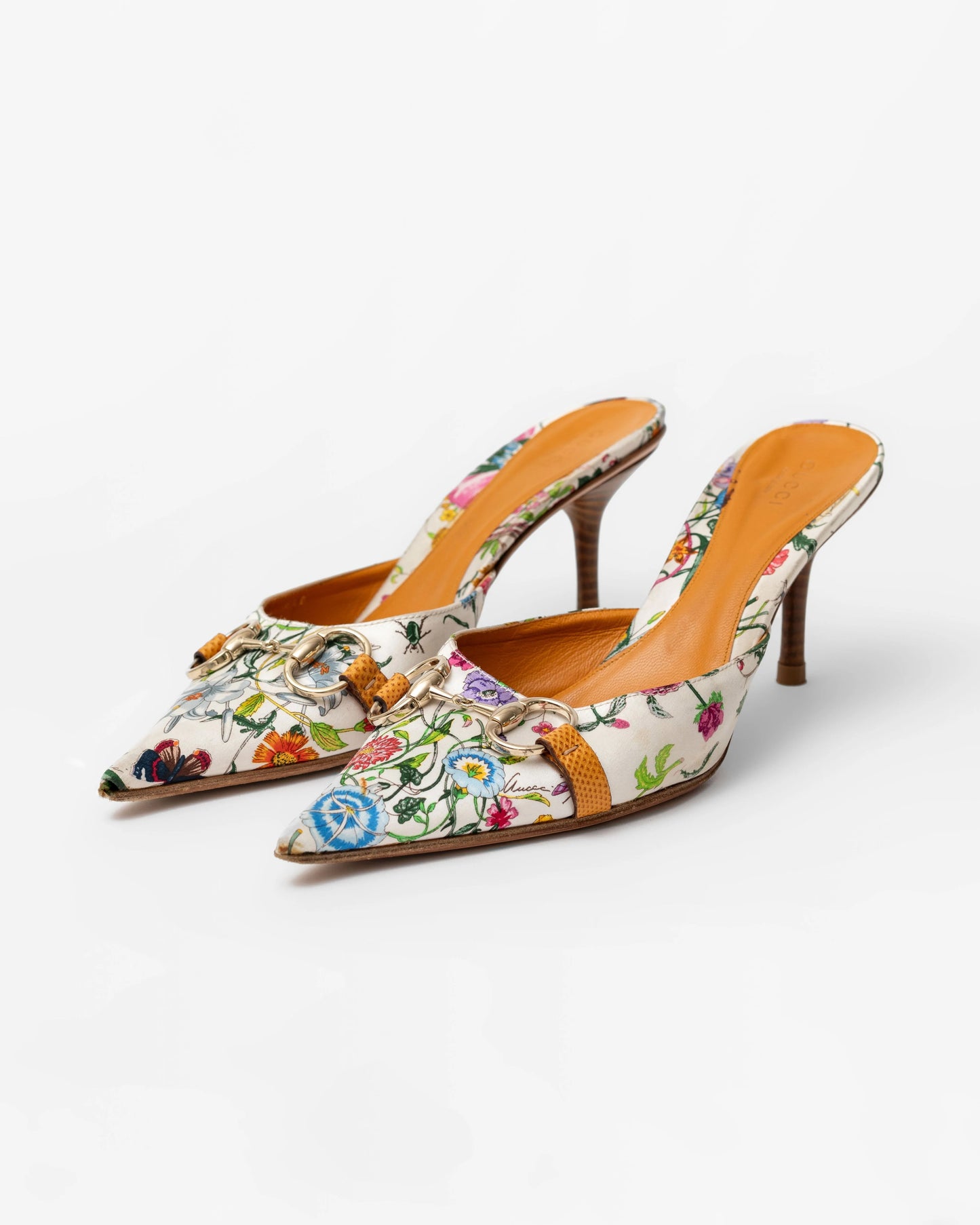 Gucci Floral Satin Horsebit Mules (8.5)