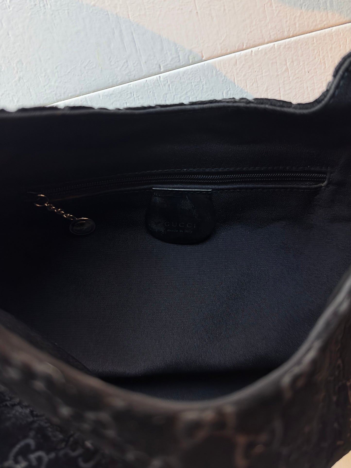 Gucci Black Velvet Monogram Metal Handle Bag