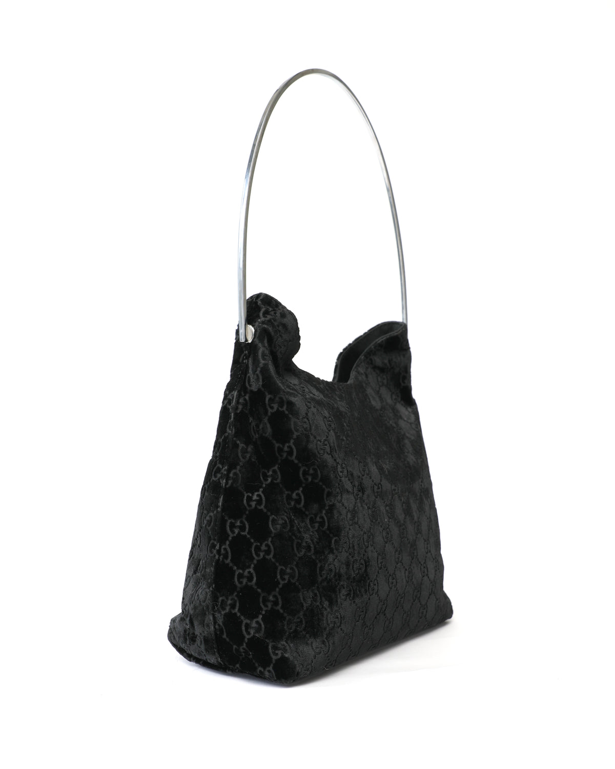 Gucci Black Velvet Monogram Metal Handle Bag