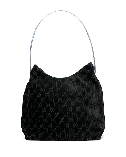 Gucci Black Velvet Monogram Metal Handle Bag