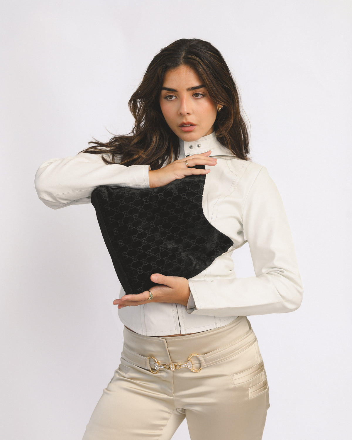 Gucci Black Velvet Monogram Metal Handle Bag