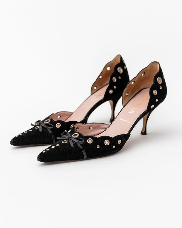 Prada Suede Eyelet Bow Heels