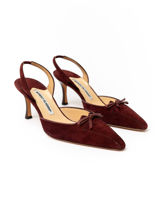 Manolo Blahnik Burgundy Suede Bow Slingback Heels (37.5)
