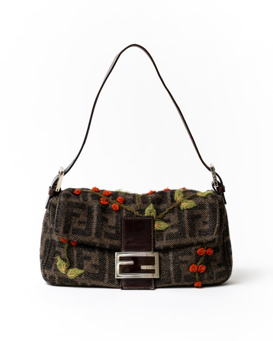 RARE Fendi Zucca Wool Embroidered Baguette
